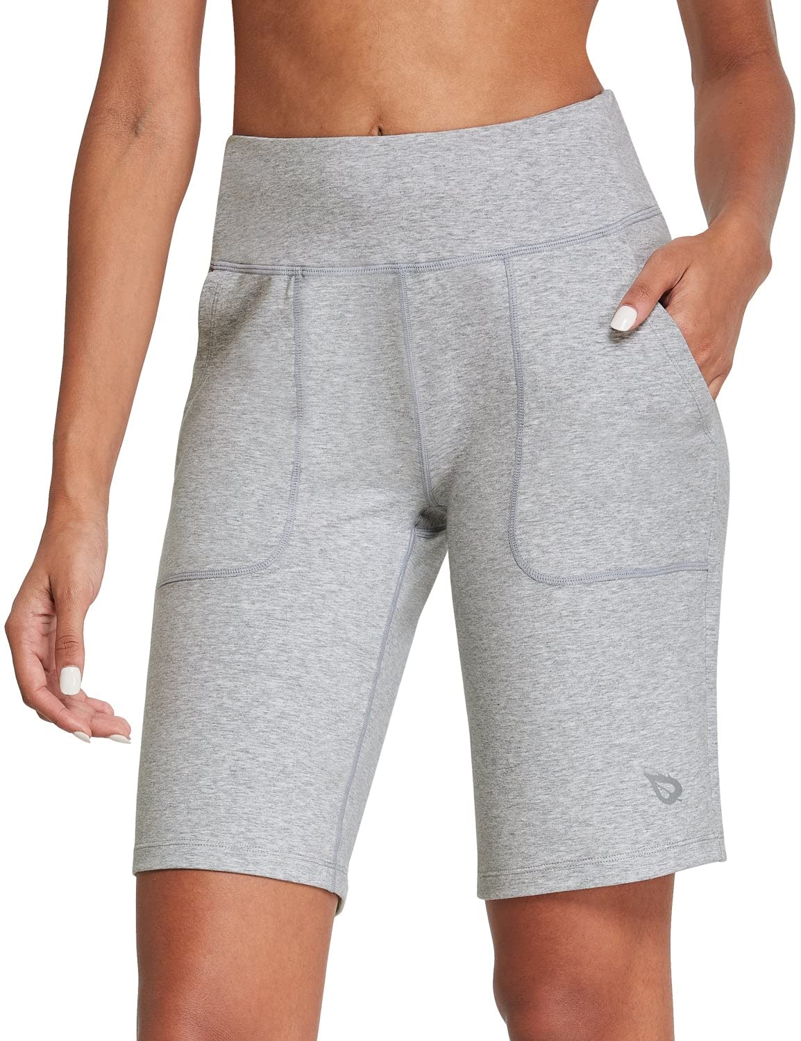baleaf Women's Bermuda Long Shorts 10" Knee Length High Rise Athletic Shorts with Pockets Pull On Workout Walking Running Summer Light Gray L