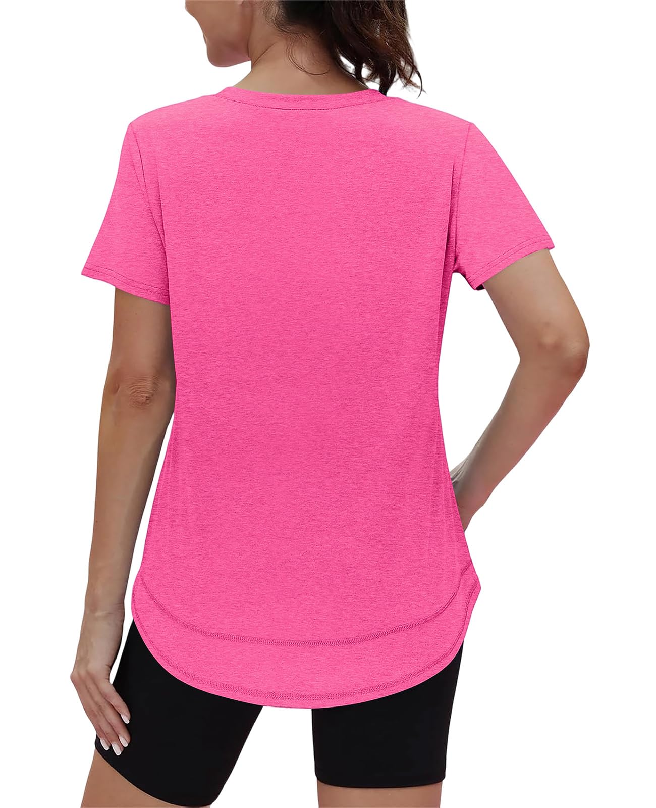 Spring Summer Tops for Women Short Sleeve Hiking Shirts Athleisure Golf Shirt Beach Fashion Curved Hem Loose Fit V Neck Hot Pink 2XL