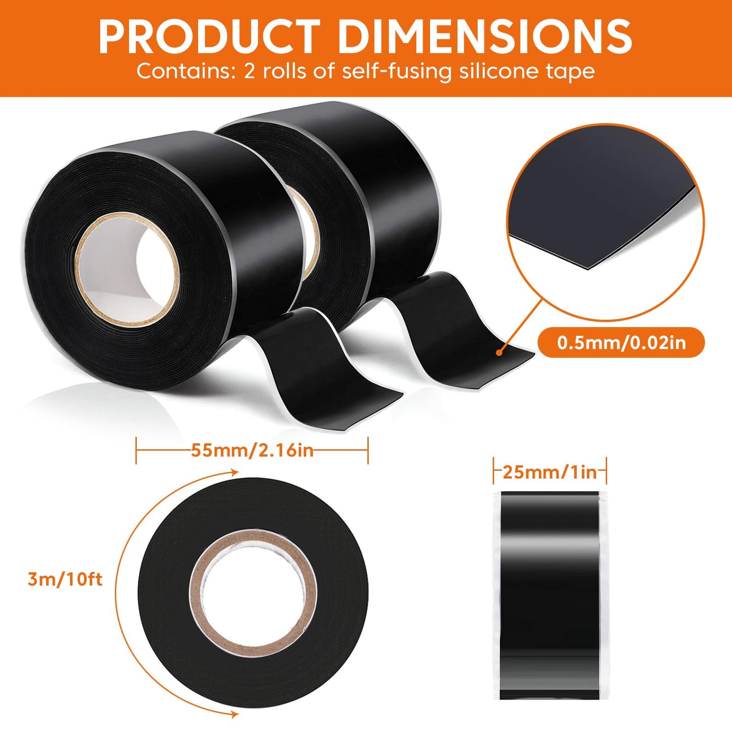 Golesh 2 Rolls Self Fusing Silicone Tape - 1in(W) X 10ft(L) Waterproof Tape, Water Leak Seal Tape, Rescue Tape, Plumbing Hose Repair Tape, Rubber Tape for Cable Winding Insulating, Black