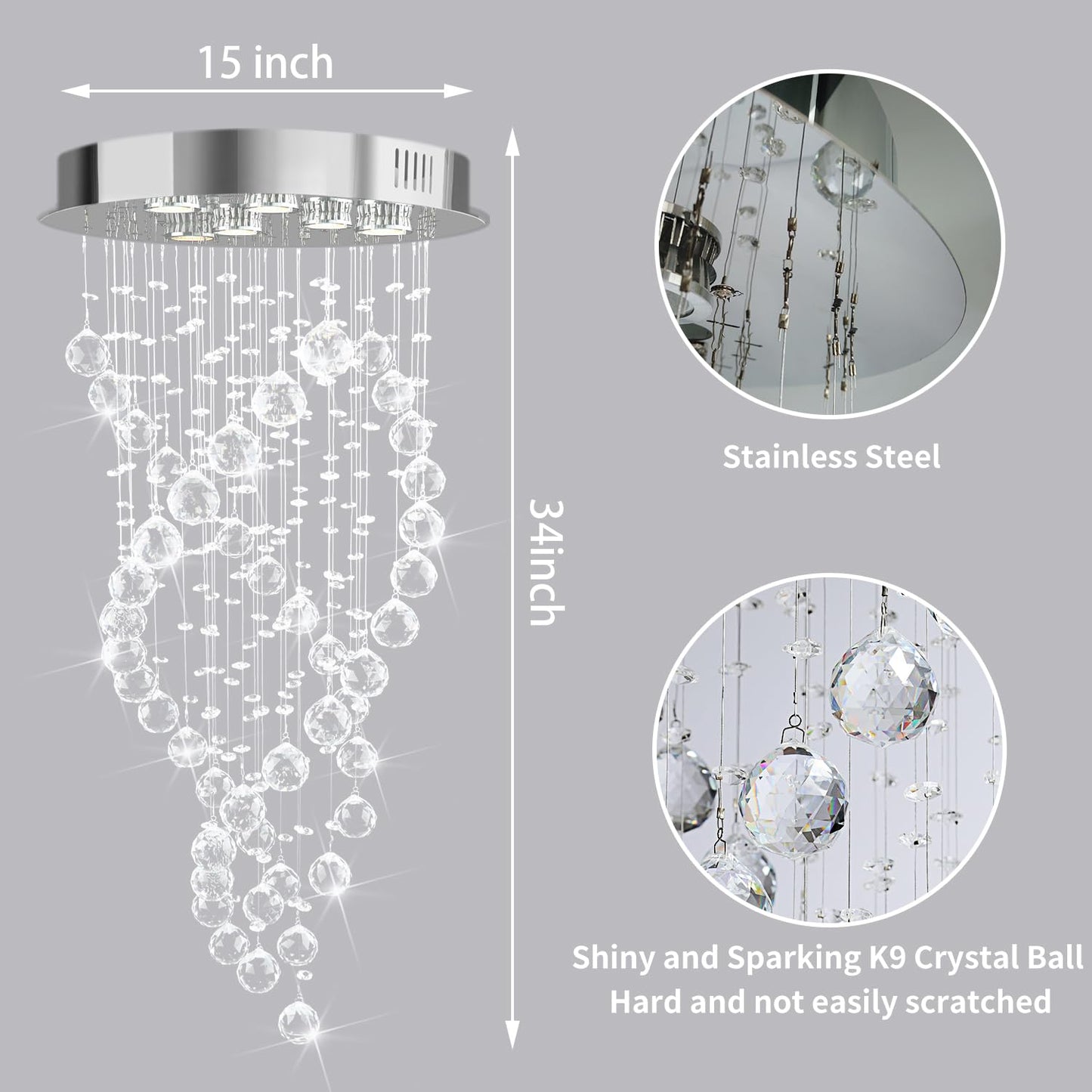 Modern Luxury 6-Lights Spiral Raindrop Crystal Chandeliers for Dining Room, k9 Crystal Ball Flush Mount Ceiling Light Fixture for Living Room,Bedroom,Bathroom,Hallway,Staircase of CRYSTOP