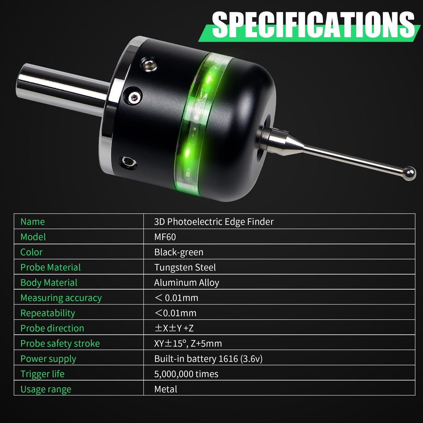 YIDOFENG 3D Touch Probe Edge Finder Trigger Finder,X Y Z Axis Measurement Centering Rod for Metals, Not Support the Detection of Insulation Materials and Insulating Spindle (Green light)