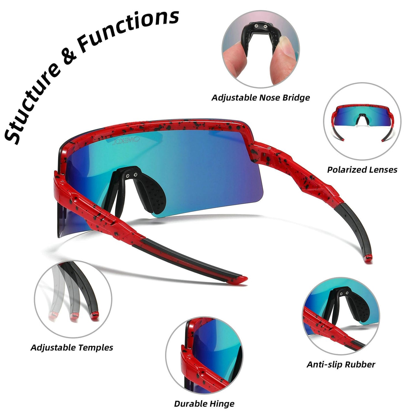 OMEKOL Polarized Sports Sunglasses Cycling Glasses UV400 Mountain Bike Goggles MTB Riding Bicycle Eyewear Men Women Baseball Running Fishing Golf Outdoor - Red Frame with Black Dots/Red Lens