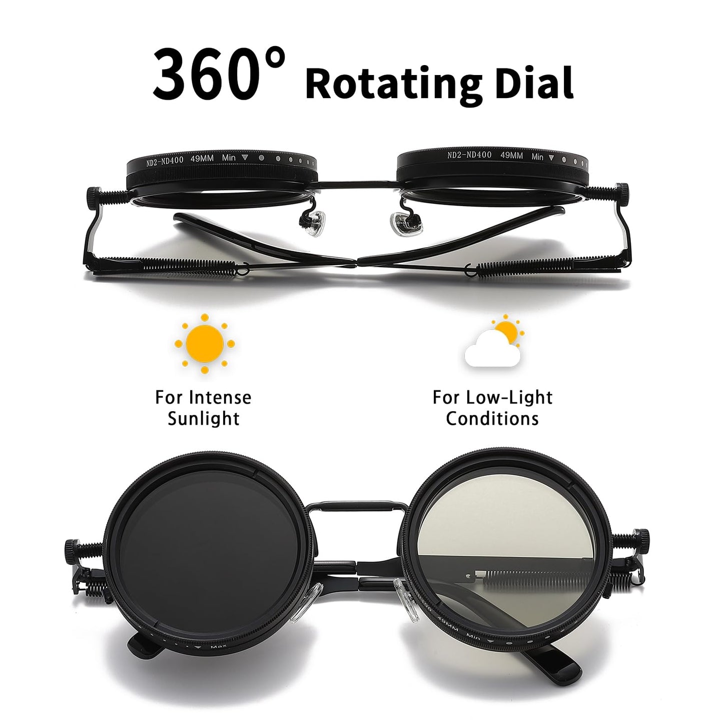 JOLLYNOVA Adjustable Tint Sunglasses, 1-9 Gears Steampunk Retro Metal Round Polarized Glasses with ND Filter Lenses (Black)
