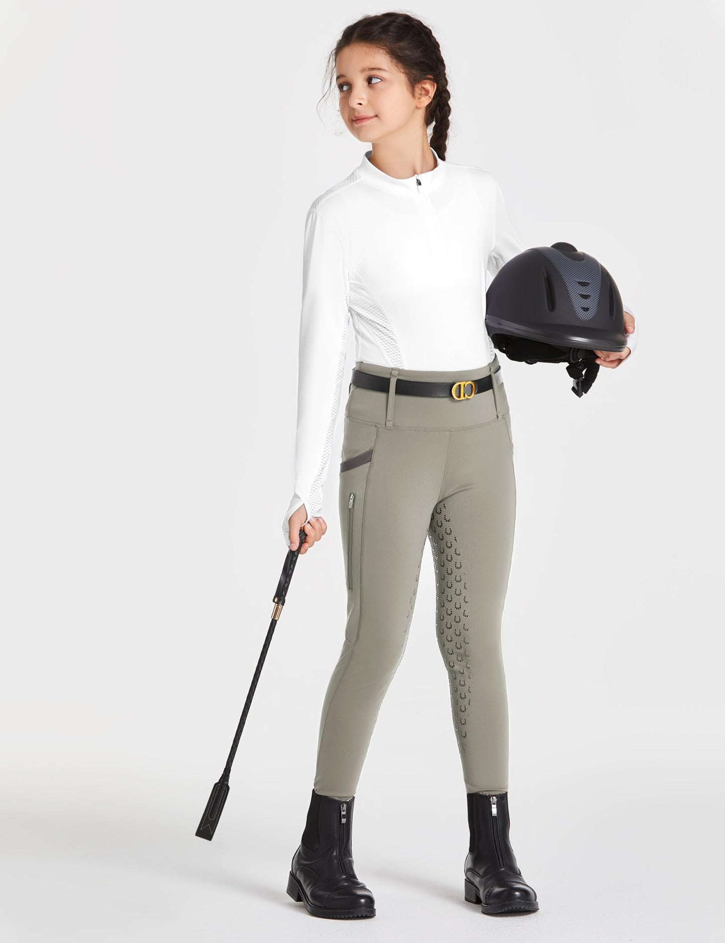 FitsT4 Sports Girls Riding Pants Full Seat High Waist Kids Equestrian Breeches Horse Schooling Tights Zipper Pockets Khaki Size M