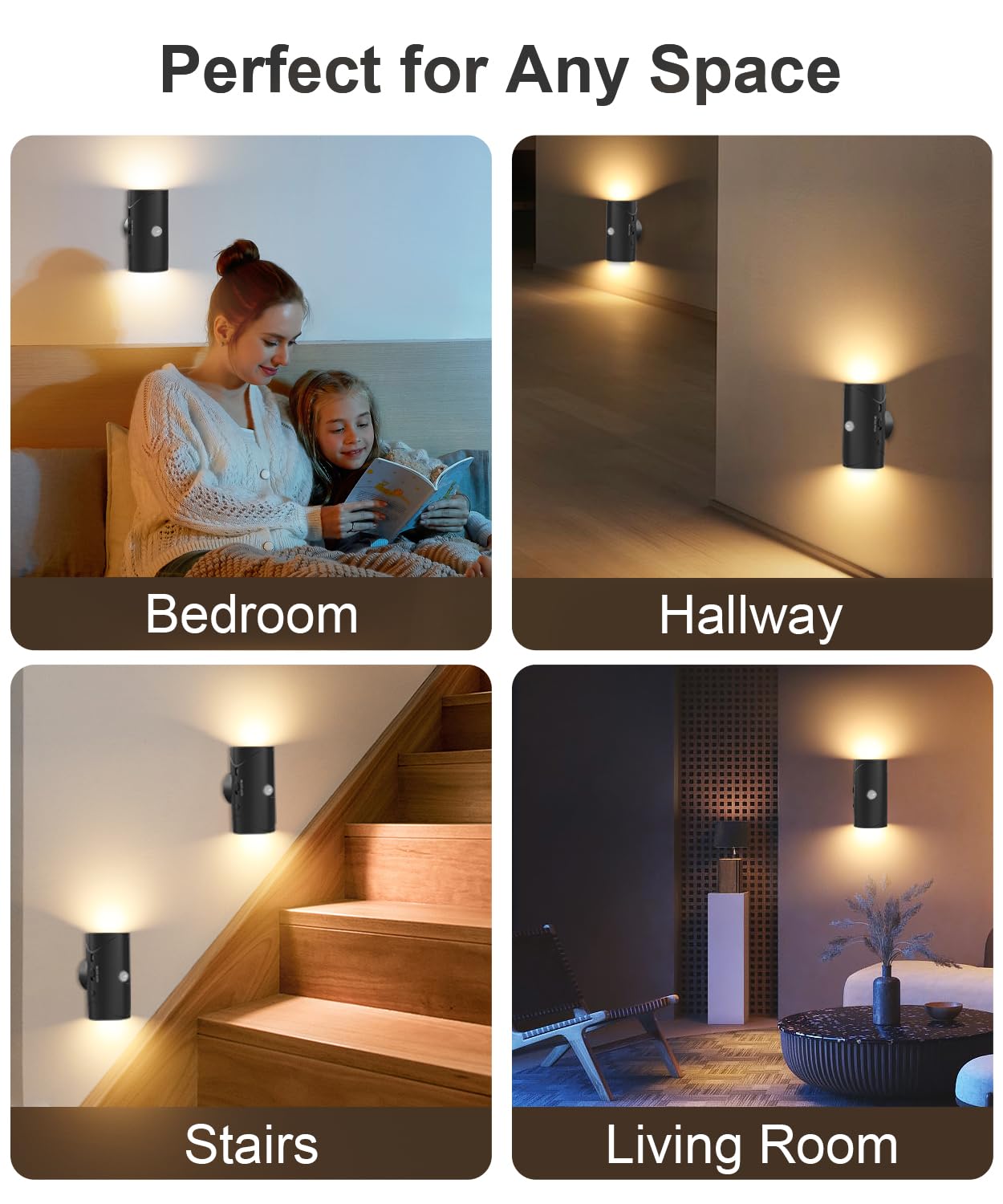 MuliVid 2 Pack LED Night Light,Rechargeable Battery Night Light,Magnetic Stick On Motion Sensor Light 3 Brightness Adjustment Modes for Bedroom, Stairway,Hallway,Bathroom(Black)