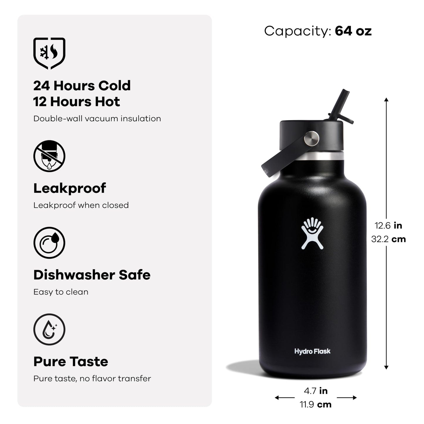 Hydro Flask Water Bottle - Insulated Stainless Steel - Wide Mouth Flex Straw Lid, Non Spill, Leakproof and Refillable in 64 Oz Black