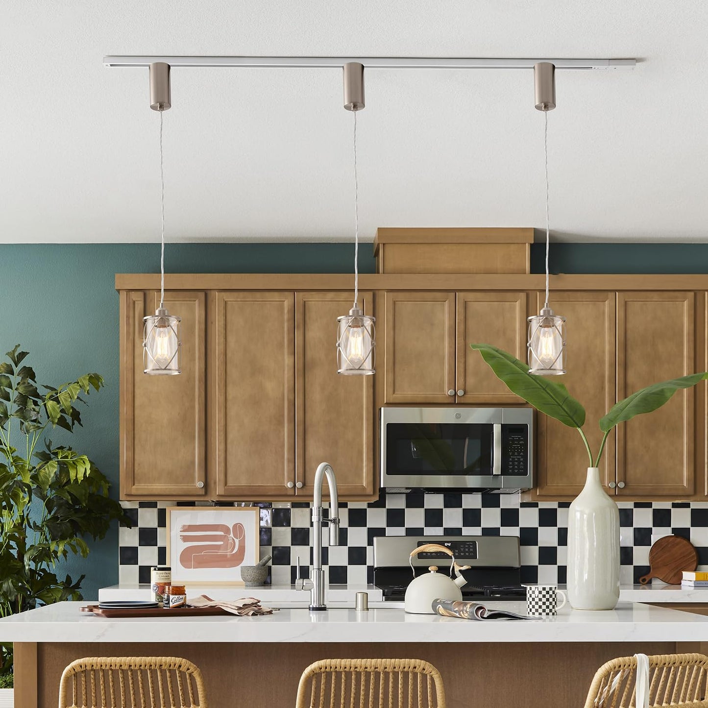 mirrea H-Type Brushed Nickel Track Lighting Pendant with Dotted Cage Clear Glass, Adjustable Hanging Light, E26 Socket, Pack of 3