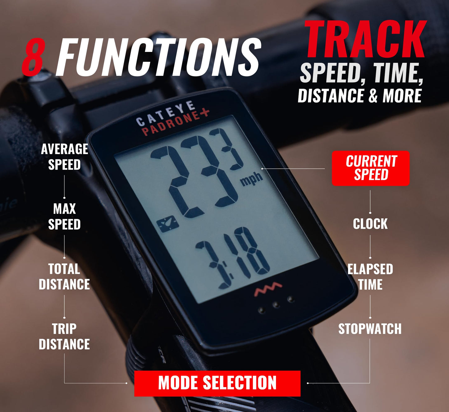 CATEYE Padrone Plus Bike Computer – Oversized Display Cyclocomputer, Wireless Speed Tracking for Cyclists, FlexTight™ Mount, Automatic Start/Stop, Backlight Display with Night Mode