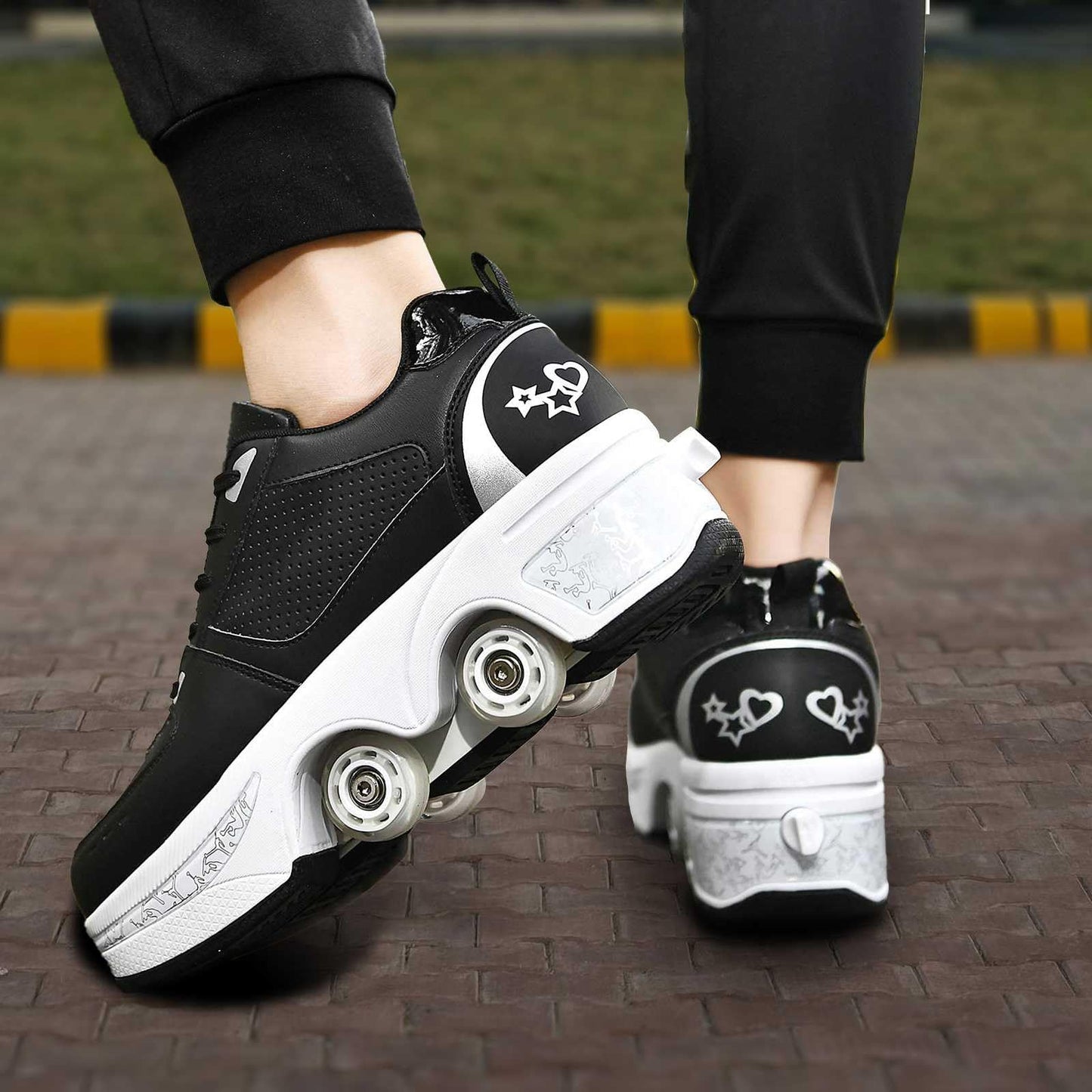 UonrvaoN Roller Skate Shoes for Men, Double-Row Deform Wheel Automatic Walking Shoes, Retractable Roller Skate, Shoes with Wheels, Skating Shoes for Outdoor Fun & Fitness Black Silver, 6.5