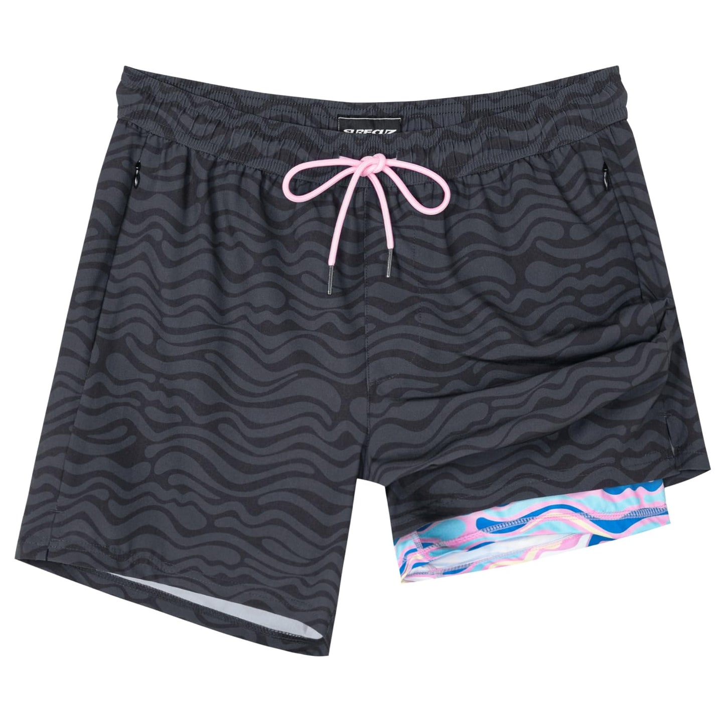 SURF CUZ Mens Swim Trunks with Compression Liner Mens Swimming Trunks 5 Inch Bathing Suit with Zipper Pockets Quick Dry Swim Shorts Black Cloud Wave Large