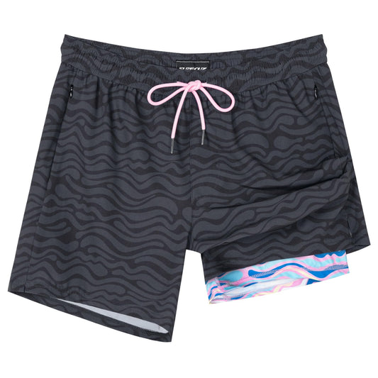 SURF CUZ Mens Swim Trunks with Compression Liner Mens Swimming Trunks 5 Inch Bathing Suit with Zipper Pockets Quick Dry Swim Shorts Black Cloud Wave Large