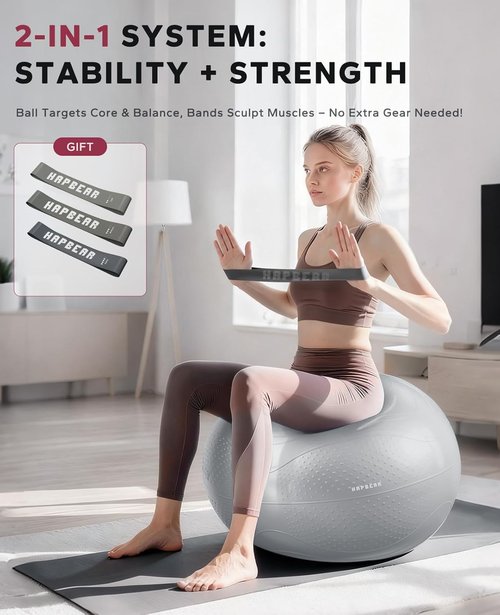 HAPBEAR Exercise Ball - Anti-Burst Slip-Resistant Yoga & Pilates Ball for Core Training | 22''/26''/30'' Sizes, Includes Quick Pump & 3 Resistance Bands