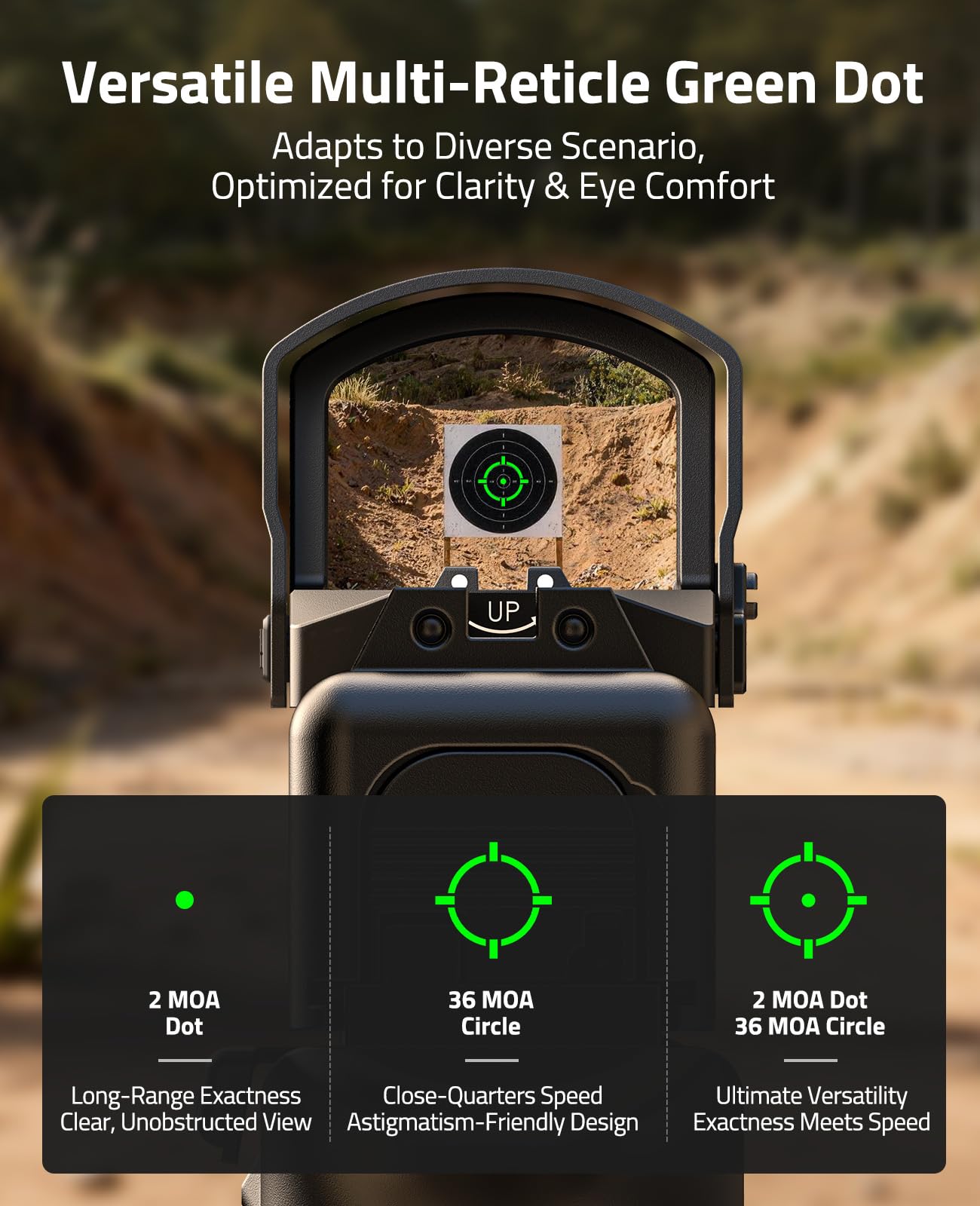 CVLIFE BearMight 5000G Shockproof Auto-Brightness Green Dot Sight for RMS RMSc, 36MOA Circle & 2MOA Green Dot with Hood, Motion Awake Reflex Sight for Compact Pistol, Adapter for MOS/RMR/Picatinny