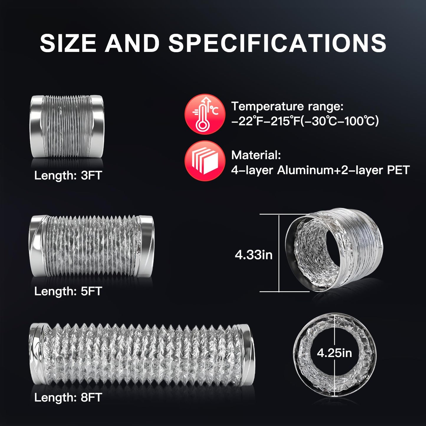 DHGBD 4 Inch Dryer Vent Hose 5FT, Flexible 6-Layer Aluminum Duct with Reinforced Rolled Edge Ends, Fireproof Dryer Exhaust Hose for Indoor Venting and HVAC Use