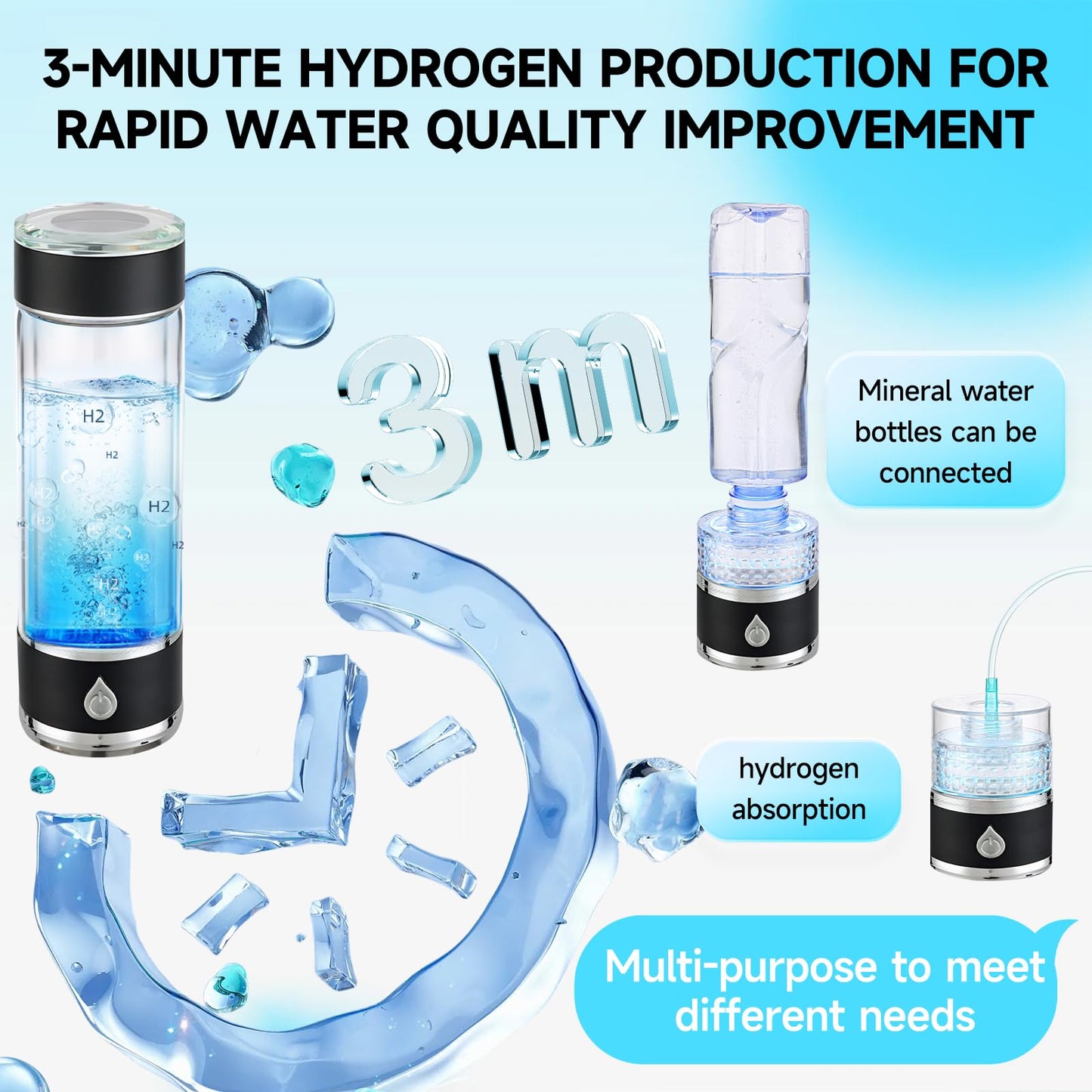 Hydrohealth Hydroh Hydrogen Water Bottle Generator, Portable and Rechargeable Hydro Health Hydrogen Water Bottle Glass with SPE Pem Technology,3 Min 4100 PPB Pure Hydrogen Rich Concentration