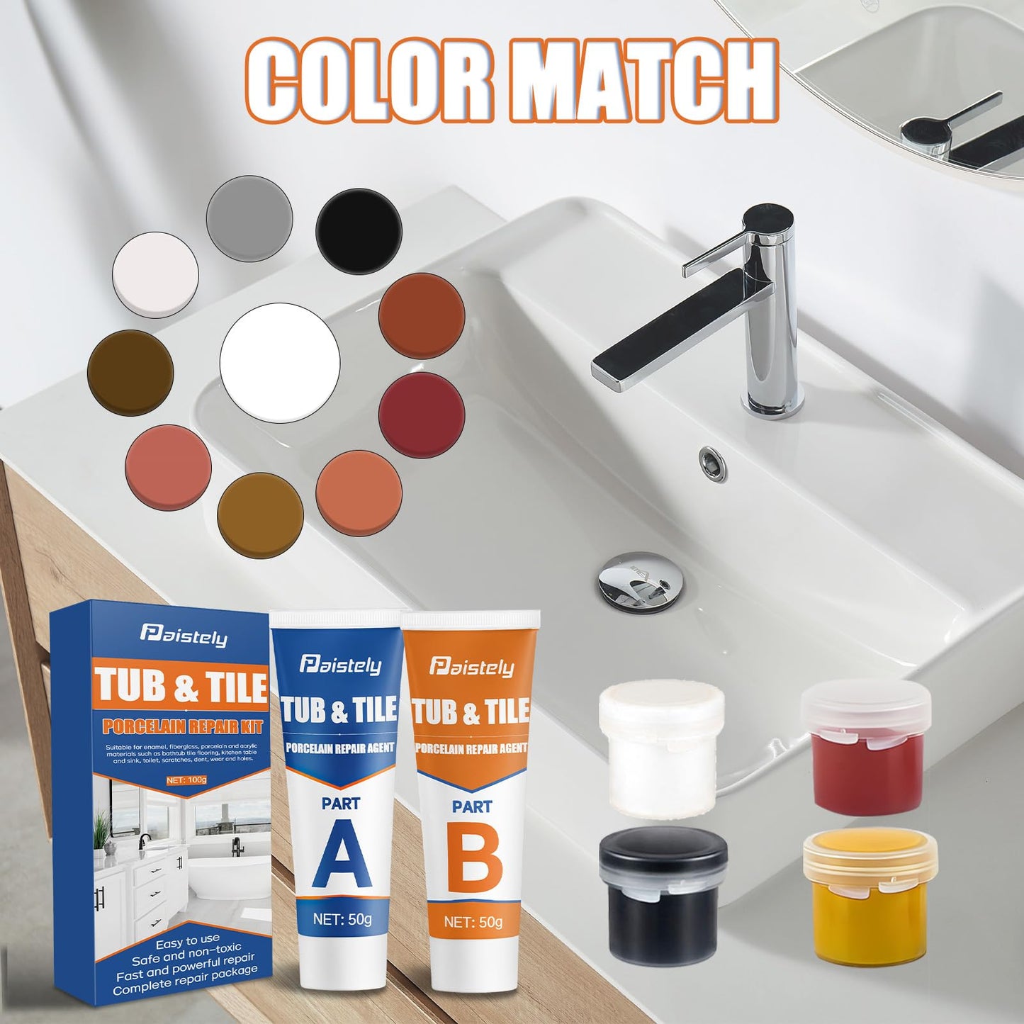Porcelain Repair Kit, Non-Toxic Ceramic Tile Repair Kits Suitable for Ceramics, Porcelain, Resin, Granite, Marble, Quartz, Etc,Waterproof Fiberglass Tub Repair Kits (100, Grams)