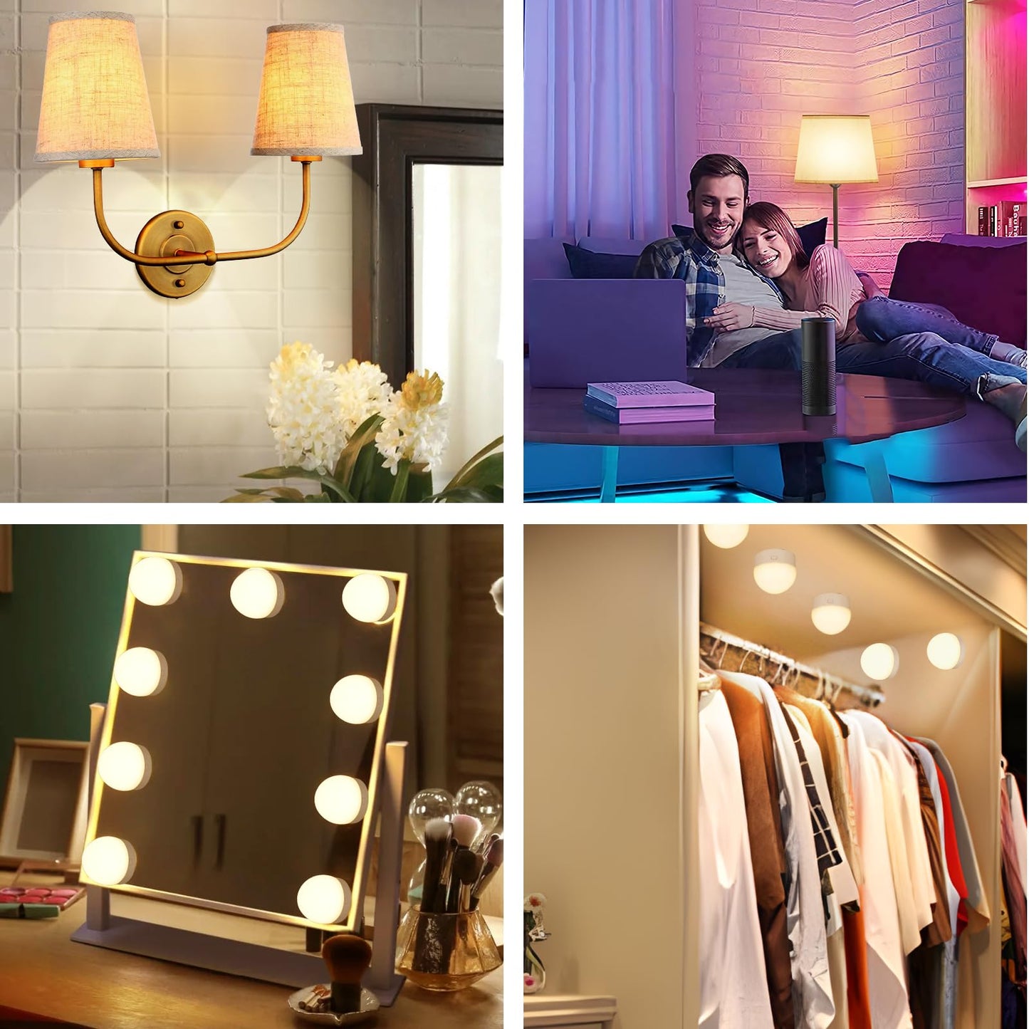 Yochoice 2-Pack E12 Rechargeable Battery Operated Light Bulb with Remote, Dimmable LED Bulb with 15 Colors Selectable & 3 Timer, Wireless Detachable Puck Light Bulb for Wall Sconce, Non-Hardwired