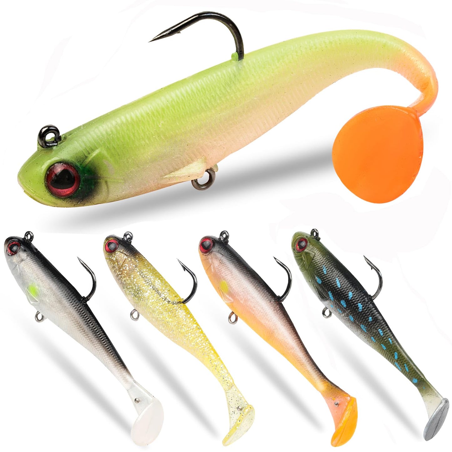 Gibtikoy 5 Pcs Pre-Rigged Soft Fishing Lures, 3.5In Paddle Tail Jig Heads Swim Bait, Realistic Movement Easy Catch Fishing jigs Lure, Fishing Baits for Freshwater Saltwater Bass Trout Baits