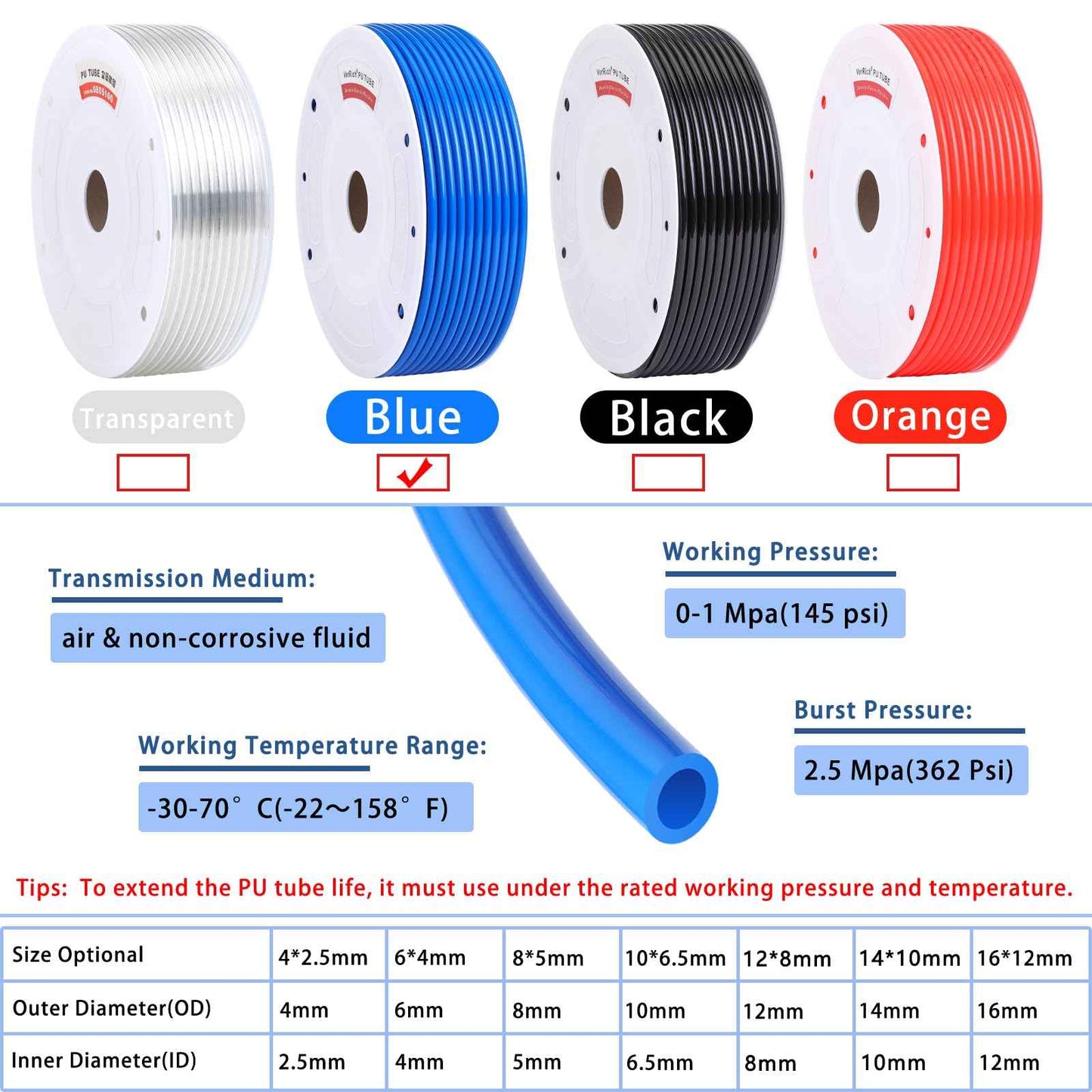 VerRich Pneumatic Tubing Pipe Pu Hose,Blue 10mm OD x 6.5mm ID 262 FT 80 Meters PU Air Hose Line Tube for Air Compressor Transfer