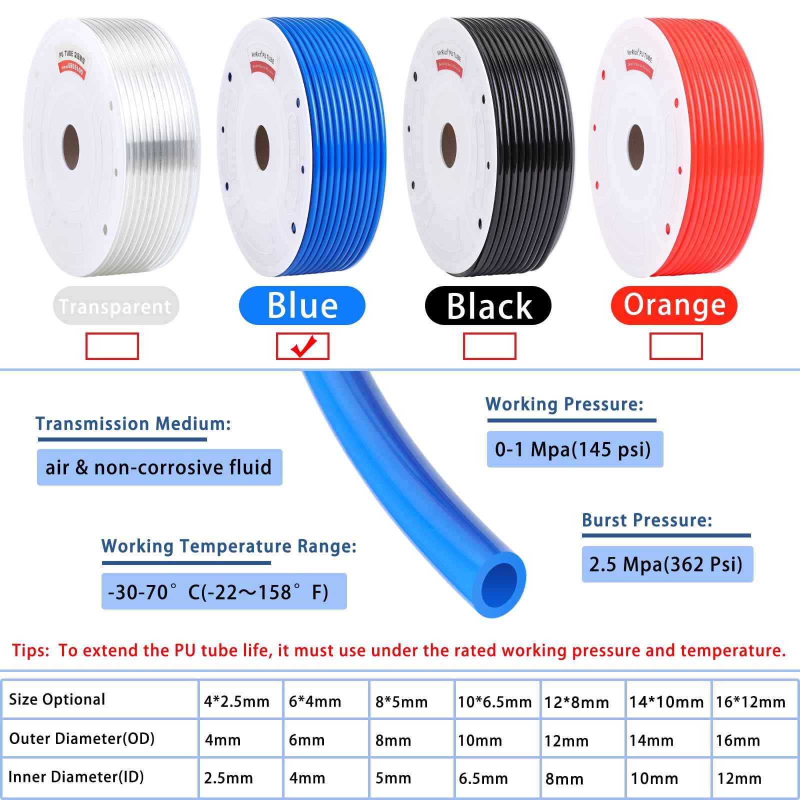 VerRich Pneumatic Tubing Pipe Pu Hose,Blue 10mm OD x 6.5mm ID 262 FT 80 Meters PU Air Hose Line Tube for Air Compressor Transfer