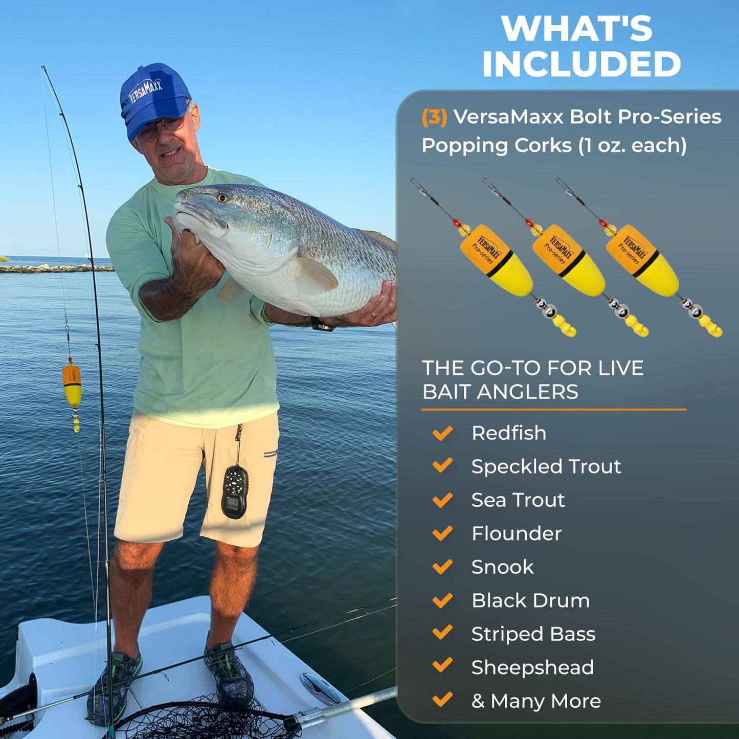VersaMaxx Bolt/Knocker Pro Series Corks for Saltwater -Premium Patented Popping Cork Floats with Adjustable Leader Depth - Neoprene/Styro Foam Fishing Rigs Bobbers for Live Bait - Set of 3