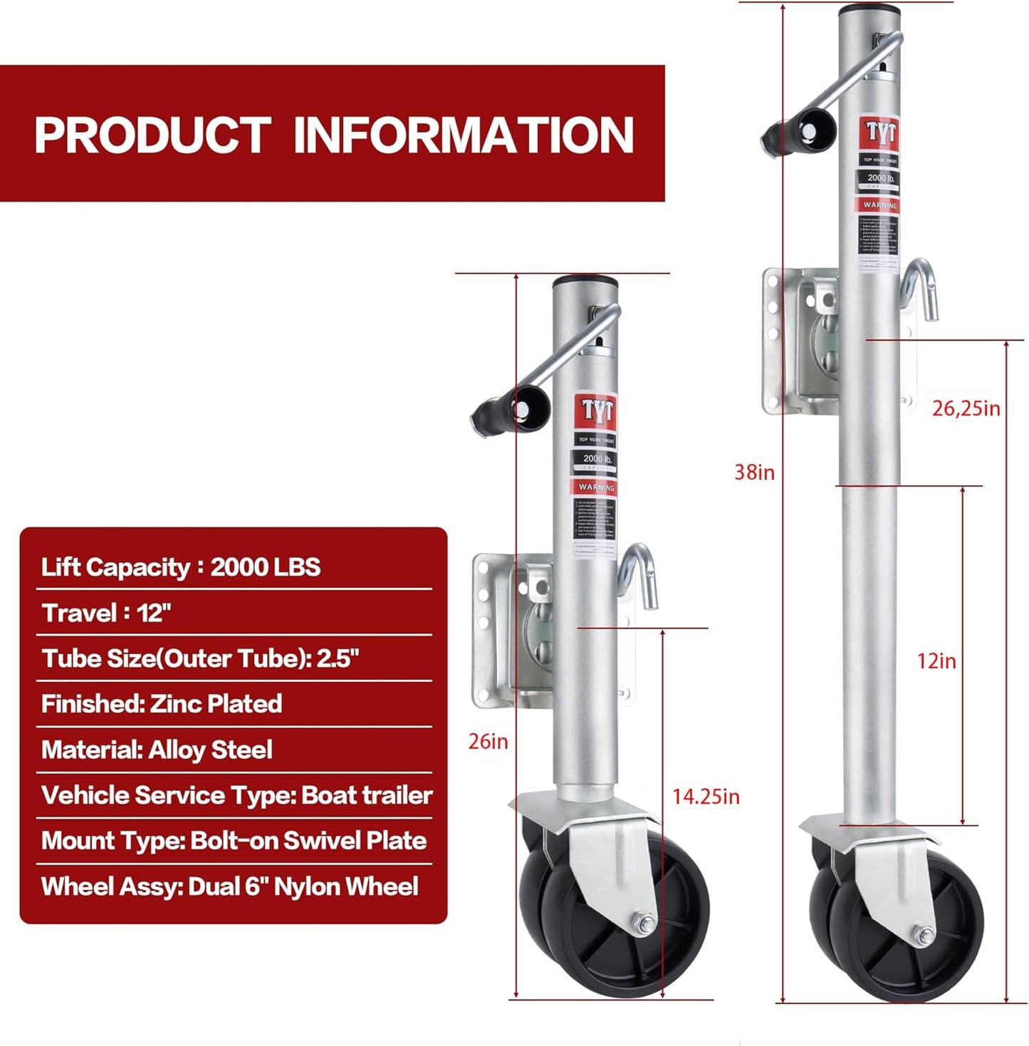 TYT Heavy-Duty Boat Trailer Jack - 2000 lbs Capacity, 12-Inch Lift, Zinc-Plated with 6-Inch Dual Wheels