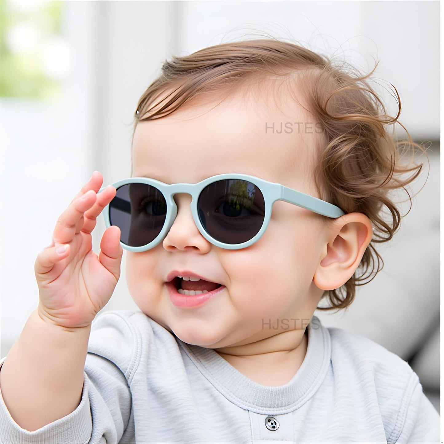 HJSTES Polarized Baby Sunglasses for Toddler Boys Girls, TPEE Flexible Frame with Strap, for Infant Age 0-3(Round Blue)