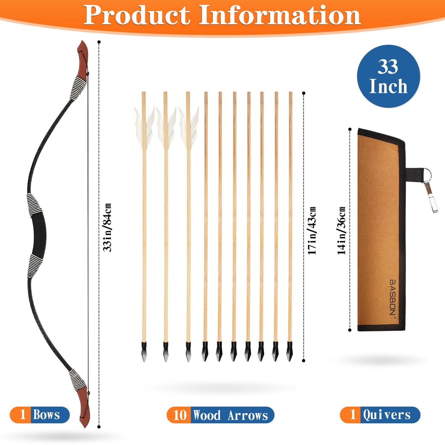 Kids Bow and Arrow Set, 33″ Archery Set Wrapped in Microfiber Leather Wooden Toy Bow and Arrow for Kids 6-8 8-12, 7 Wood Arrows, 3 Feathered Arrows (Rubber Tip), Gifts for Youth Boys Girls, Black