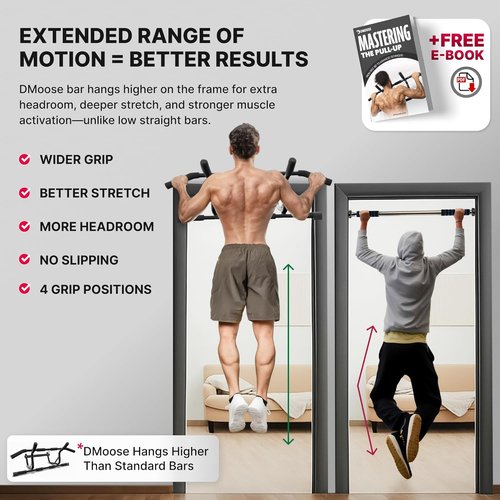 DMoose Fitness Pull Up Bar - 250 Lbs Capacity, No Screwing, Multi Padded Grips | Doorway Chin Up Bar