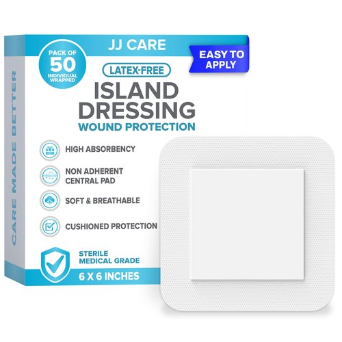 JJ CARE Adhesive Island Dressing [Pack of 50], 6x6 Sterile Bordered Gauze, Breathable Island Wound Dressing, Individually Wrapped Adhesive Gauze Bandages with Non-Stick Central Pad