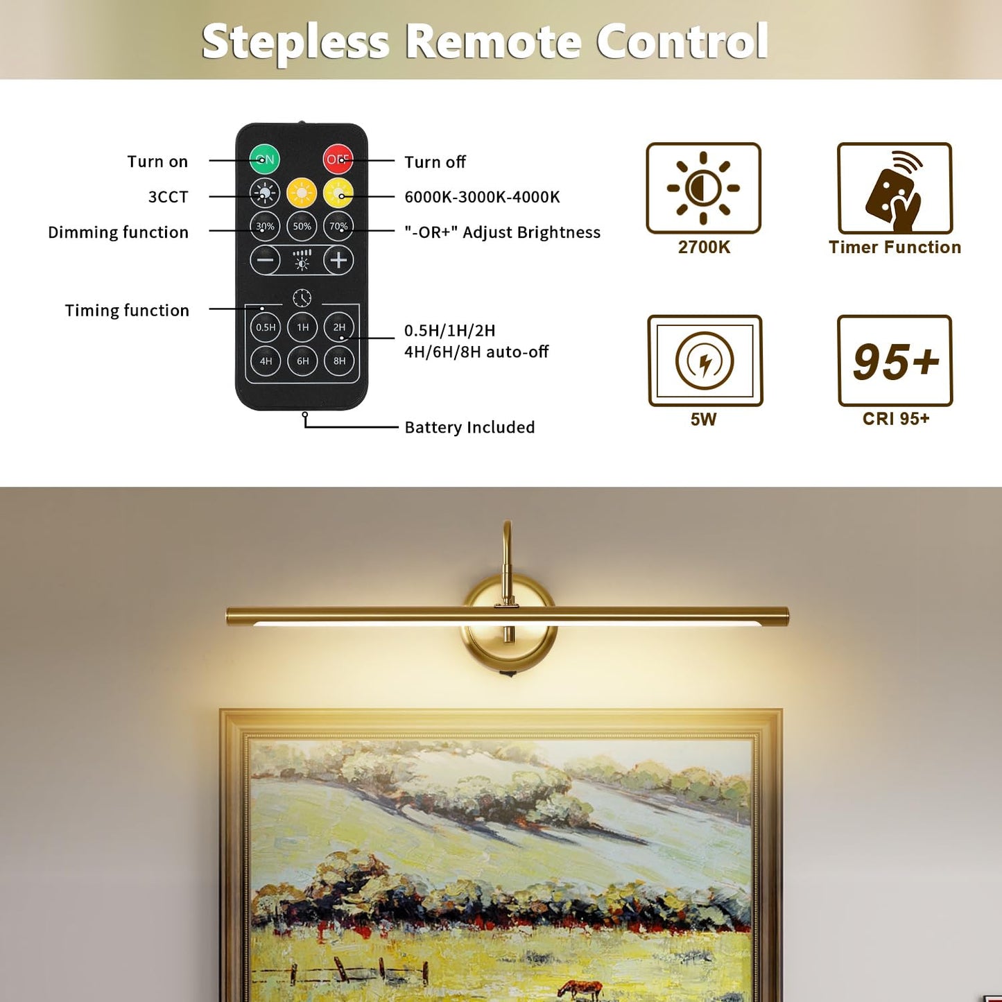 JOOSENLUX Battery Operated Picture Lights Modern Wireless Wall Lights 24.4" Inch Dimmable Under Counter Lights for Kitchen with Swing Arm as Canvas Wall Sconce Light Brass 3000K CRI95+