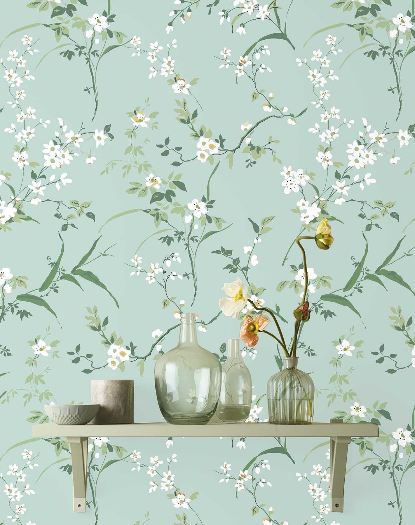 HomKihapai Peel and Stick Wallpaper Farmhouse Wild Floral Peel and Stick Wall Paper French Blue Wallpaper for Bedroom Stick on Mural Cabinets Contact Paper (Soft Blue, 17.7" X 78.74")
