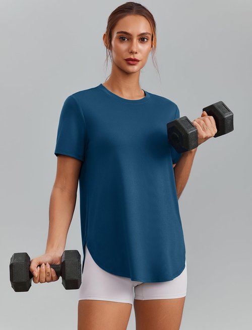 PINSPARK Running Shirts Women Short Sleeve Athletic Shirts UV Protection Quick Dry Workout Tops Lightweight Yoga Top Activewear, Dark Blue Large