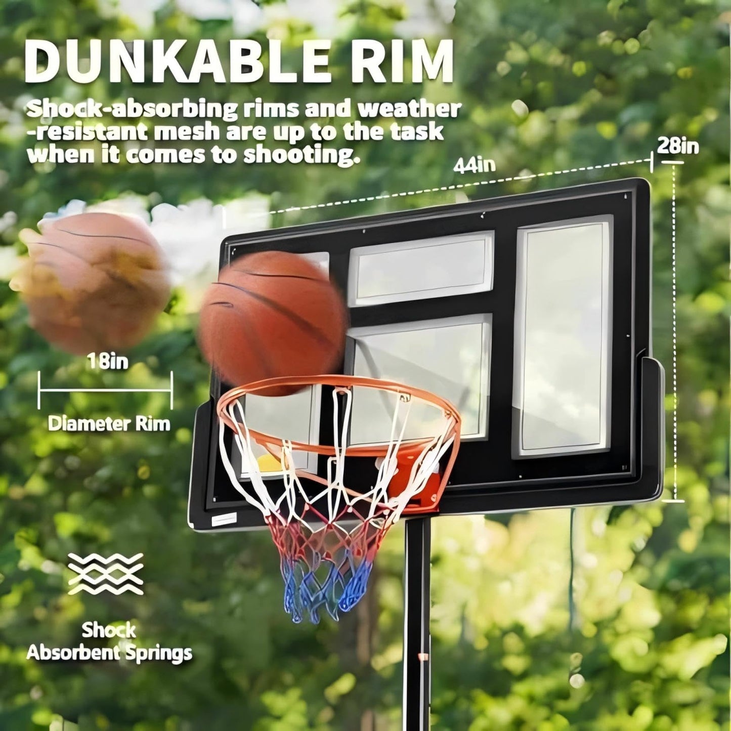 DUMOS 10FT Adjustable Height Portable Basketball Hoop Outdoor for Adult, 44 Inch Shatterproof Backboard w/Shock Absorbent Rim, Fillable Base, 2 Wheels for Swimming Pool/Indoor, Metal, Classic Black