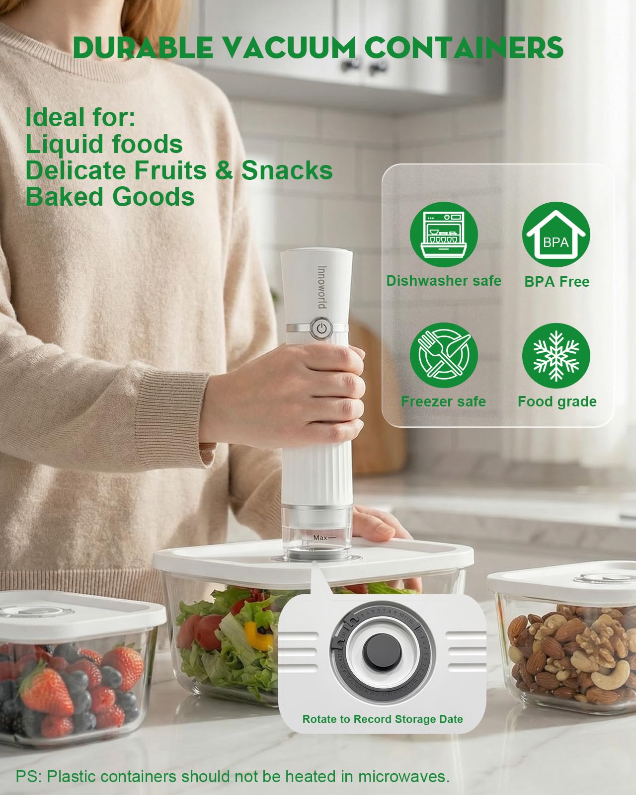 Innoworld Compact Vacuum Sealer for Food (Vacuum Sealer Machine+3 Vacuum Containers+14 Reusable Vacuum Bags),Powerful Handheld Vacuum Seal Machine,Seal Meal Saver,Portable Food Sealer,Easy-Clean