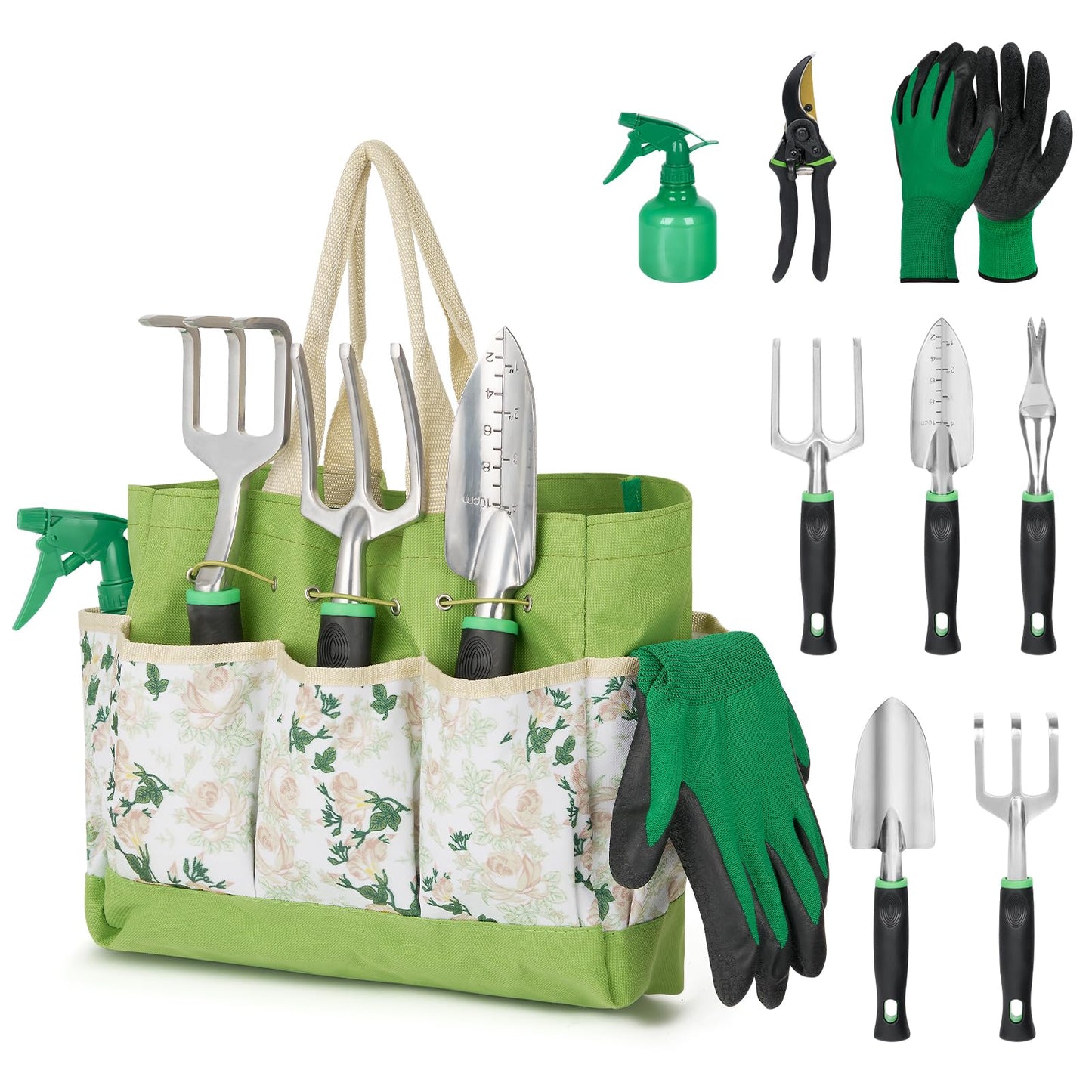 GreatBuddy Garden Tool Set for Women, 9 Piece Heavy Duty Rust-Proof Gardening Tool Set with Ergonomic Handles & Durable Organizer Handbag, Ideal Gardening Gifts for Mothers, Gardener, Beginners