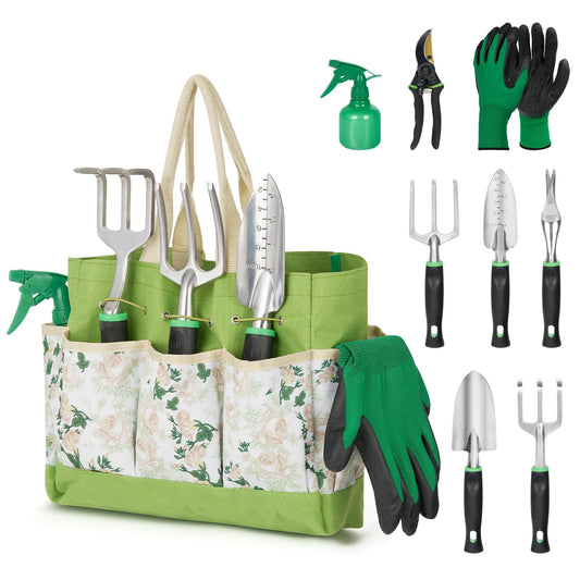 GreatBuddy Garden Tool Set for Women, 9 Piece Heavy Duty Rust-Proof Gardening Tool Set with Ergonomic Handles & Durable Organizer Handbag, Ideal Gardening Gifts for Mothers, Gardener, Beginners