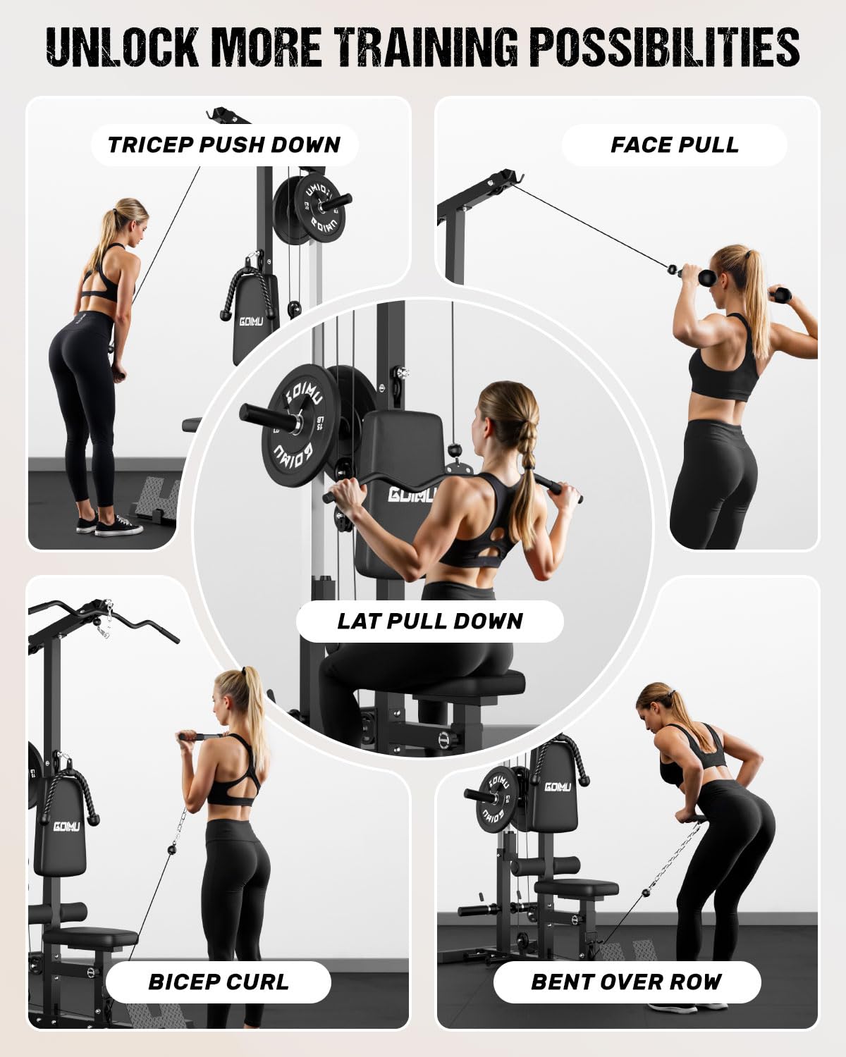 GOIMU LS01 LAT Pulldown Machine, LAT Row Cable Machine with AB Crunch, LAT Tower with Cable Row Attachments, 3 in 1 Pulley Stations for Home Gym