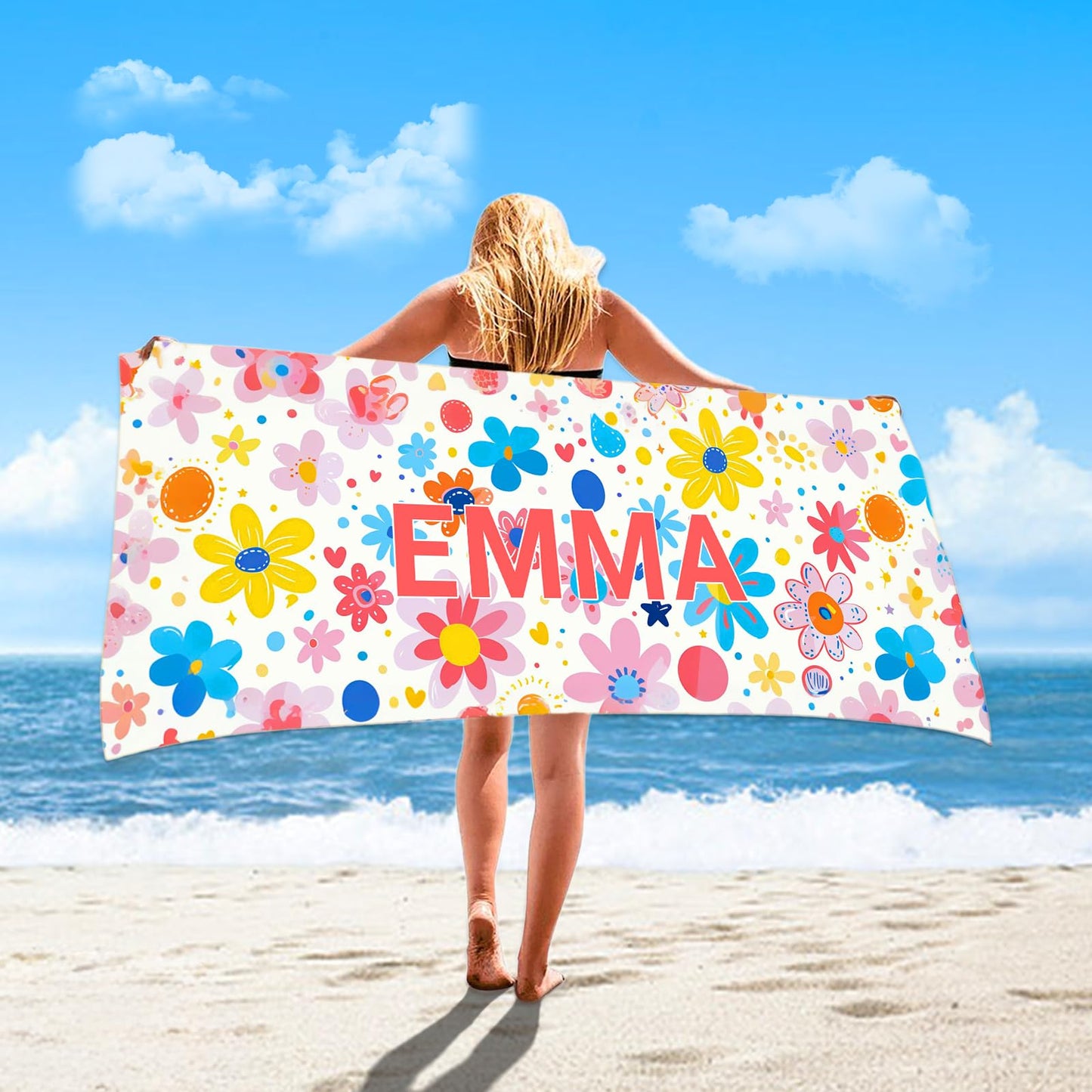 WNNNS Personalized Beach Towels for Adults & Kids Custom Beach Towel with Names for Women Men Oversized Sand Free Soft Cotton/Poly Blend Bath Pool Swim Towel Quick Dry Customized Girls Beach Towel