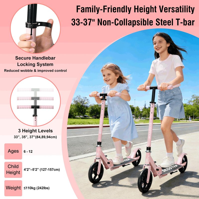 Scooter for Age 6+, with Carry Straps, Folding Kick Scooters for Kids 8-12,Teens, Adults up to 250Lbs,3 Adjustable Height, Rear Brake, Wide Antislip Deck, Lightweight Scooter for Boys Girls