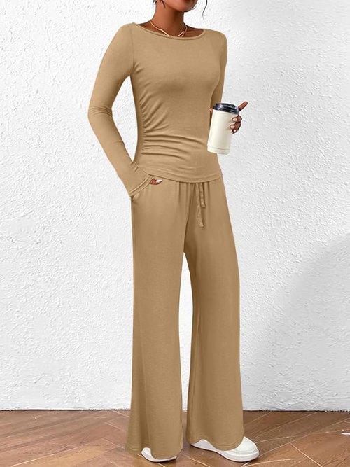 BeautyNee 2-Piece Matching Sweatsuit Set - Women's Casual Lounge Outfit with Wide Leg Pants & Crop Top in Khaki