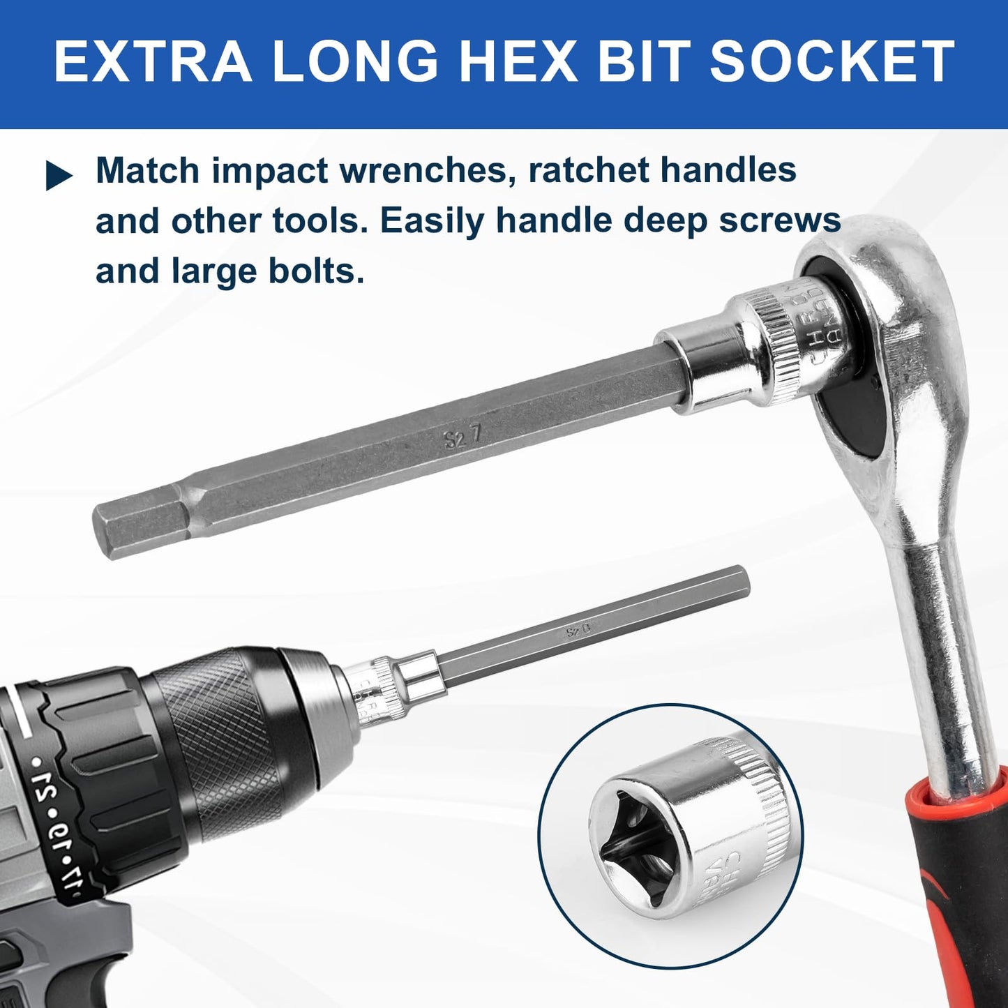 Feikenee 20PCS Extra-Long Allen Hex Bit Socket Set, 3/8 Inch Drive Allen Socket Set, SAE & Metric(1/8"-7/16", 3-12mm), CR-V and S2 Alloy Steel