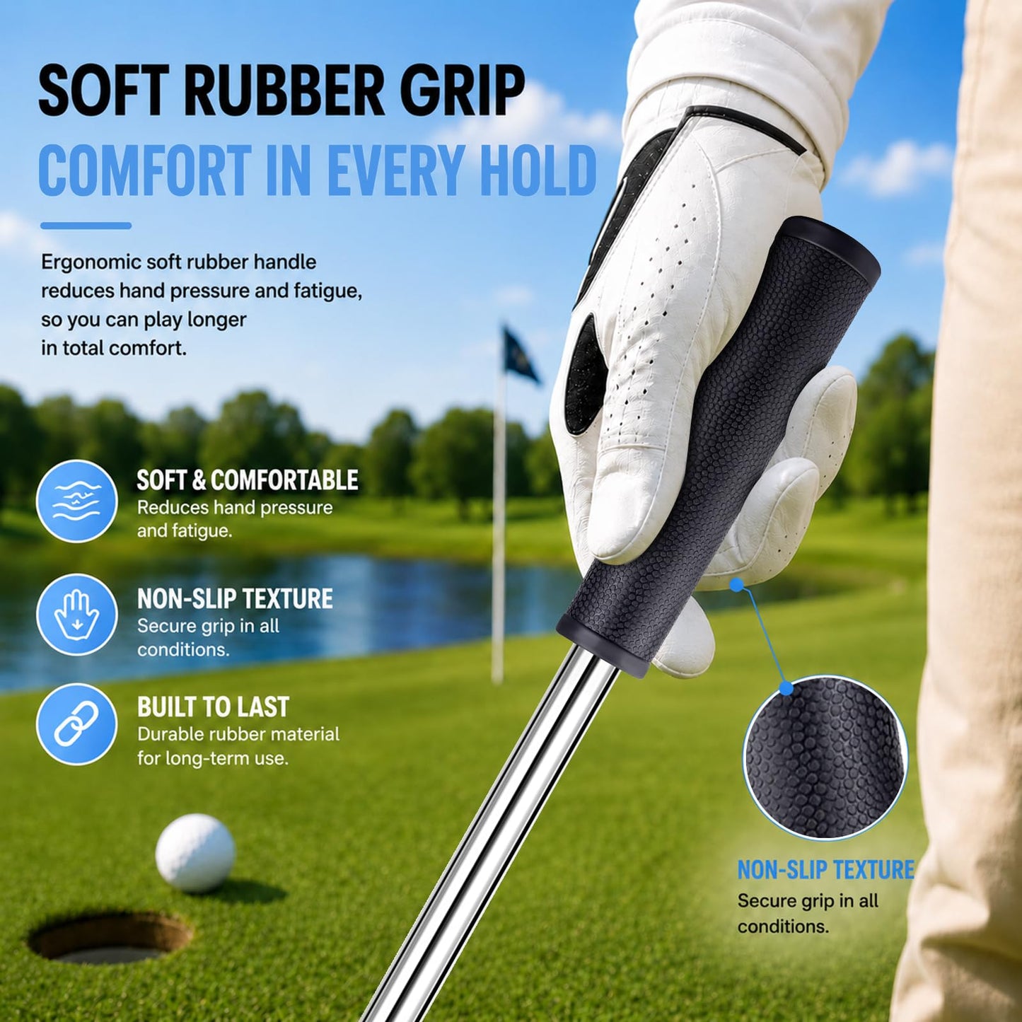 CHAMPKEY Performance Golf Ball Retriever Single Sided - Thicken Stainless Steel Shaft with Rubber Grip Golf Retriever - Available in 9Ft / 12Ft / 14.5Ft / 16.3Ft (9 FT)