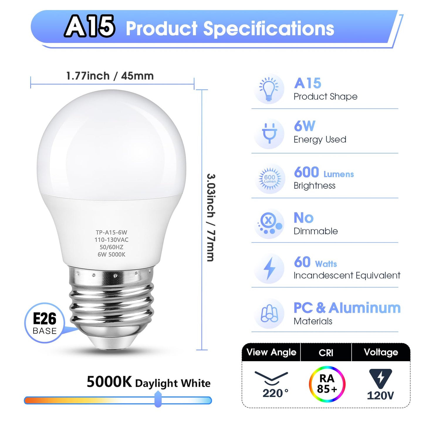 Maylaywood A15 LED Light Bulb, 60 Watt Equivalent LED Bulbs, Daylight White 5000K, 600LM, E26 Base, Non-Dimmable, 6W Bright White, 6-Pack