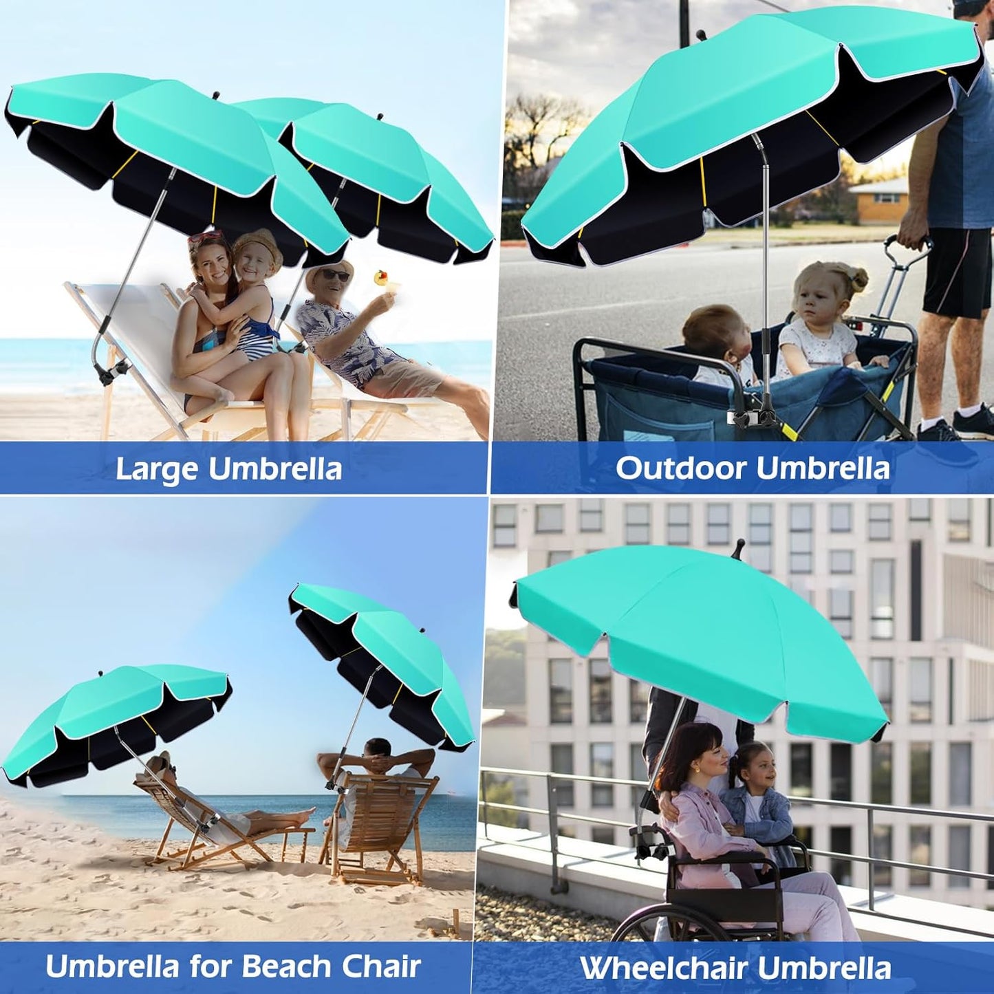 Skiennix 48.8-Inch Large Beach Umbrella - 360° Adjustable UV Protection with Clamp for Outdoor Use