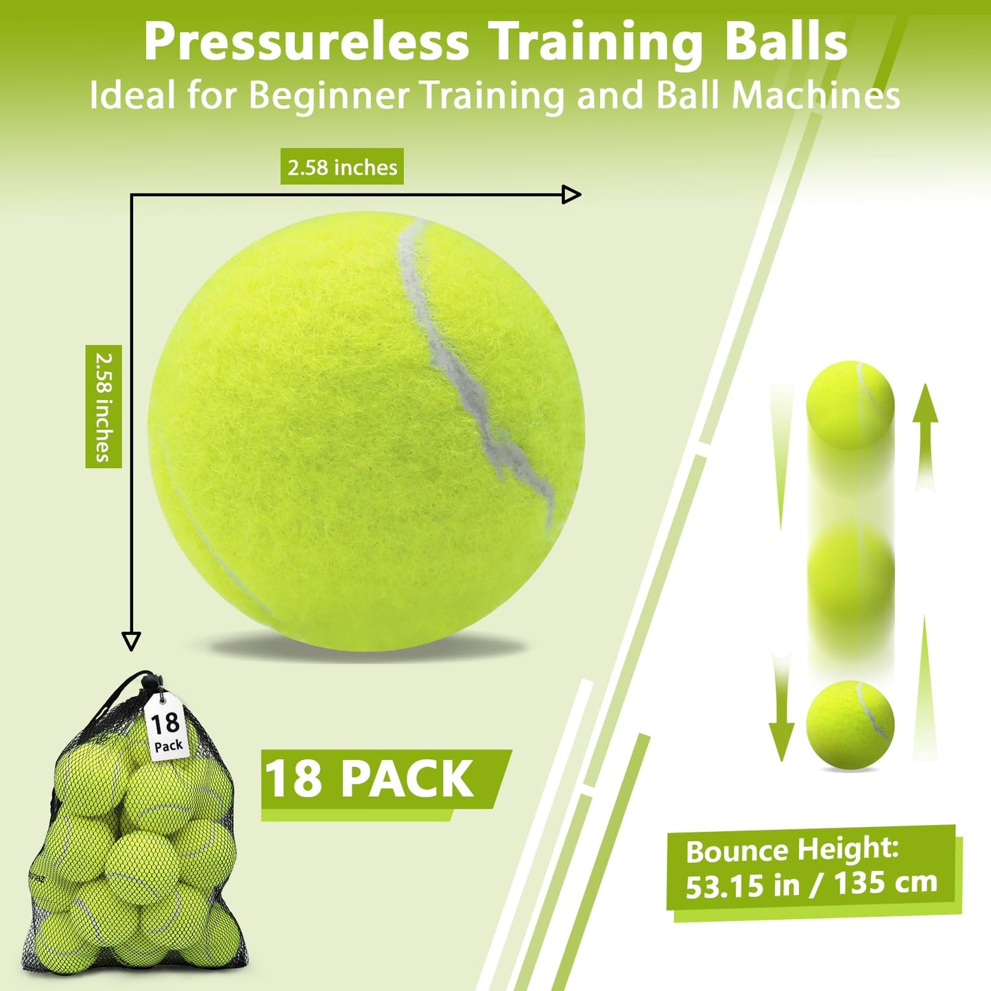 ZHUOKECE Tennis Balls, 18 Pack Training Tennis Balls Practice Balls with Mesh Bag for Easy Transport, Pet Dog Playing Balls, fit for Beginner Training Ball (Green)