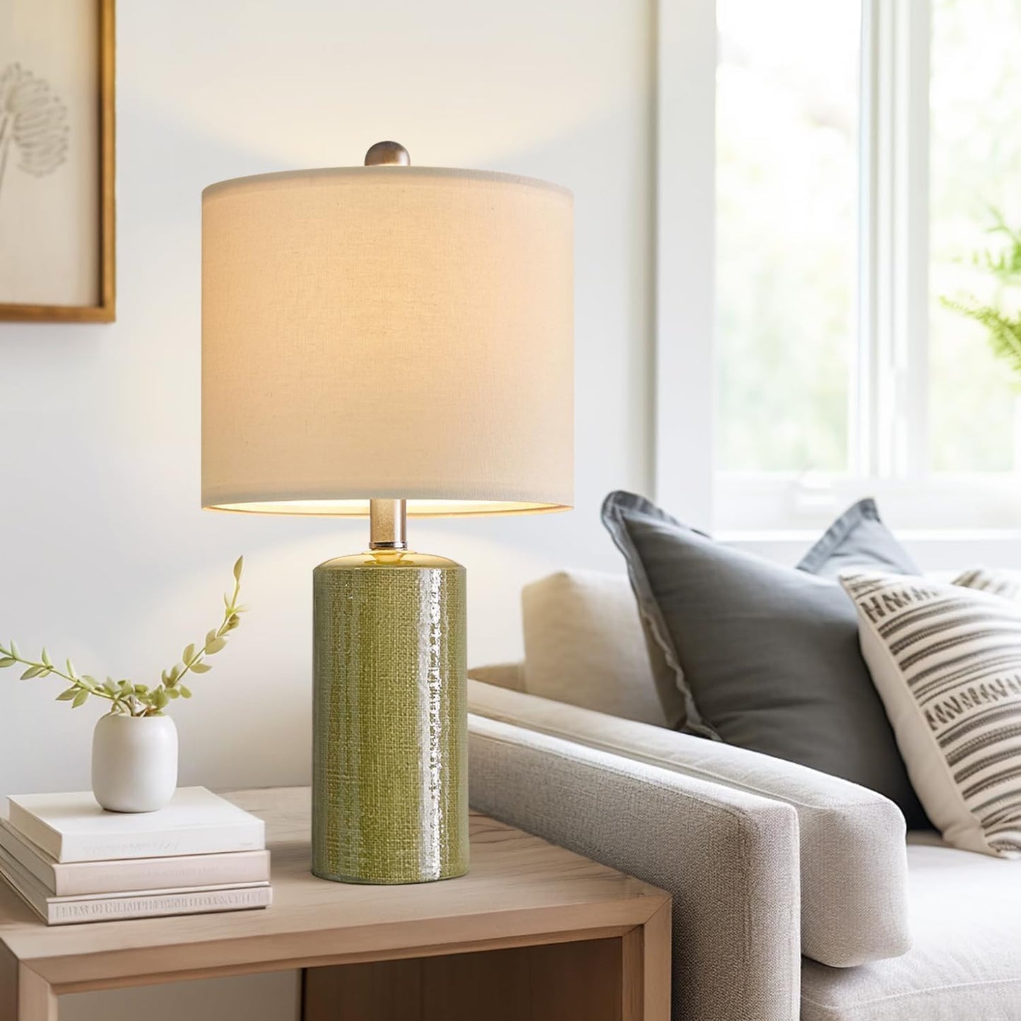 Modern Green Ceramic Table Lamp - 20.25” Nightstand & Bedside Lamp for Bedroom & Living Room