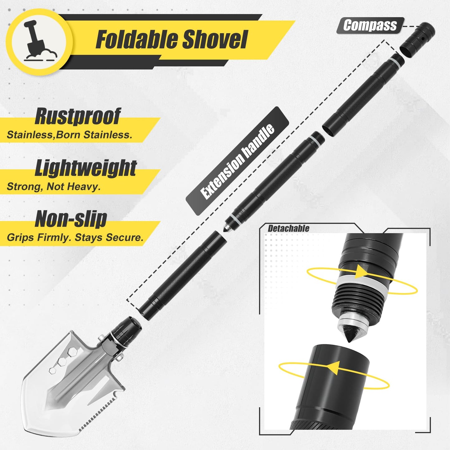 CIRONBOW Folding Camping Shovel Axe Kit，Multifunctional Survival Shovel with Stainless Steel Pickaxe ，pliers,Compass，Locking scissors，Magnetic flashlight- For Camping, Snow, Hiking, Survival Gear