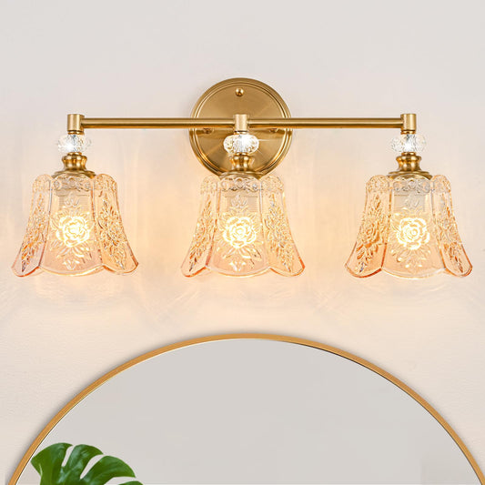 sunkryster Gold Vintage Bathroom Vanity Light Fixture, 3-Light Bathroom Lighting Gold Finish with Amber Glass Shade, Retro ‎Brushed Gold Vanity Light for Bathroom