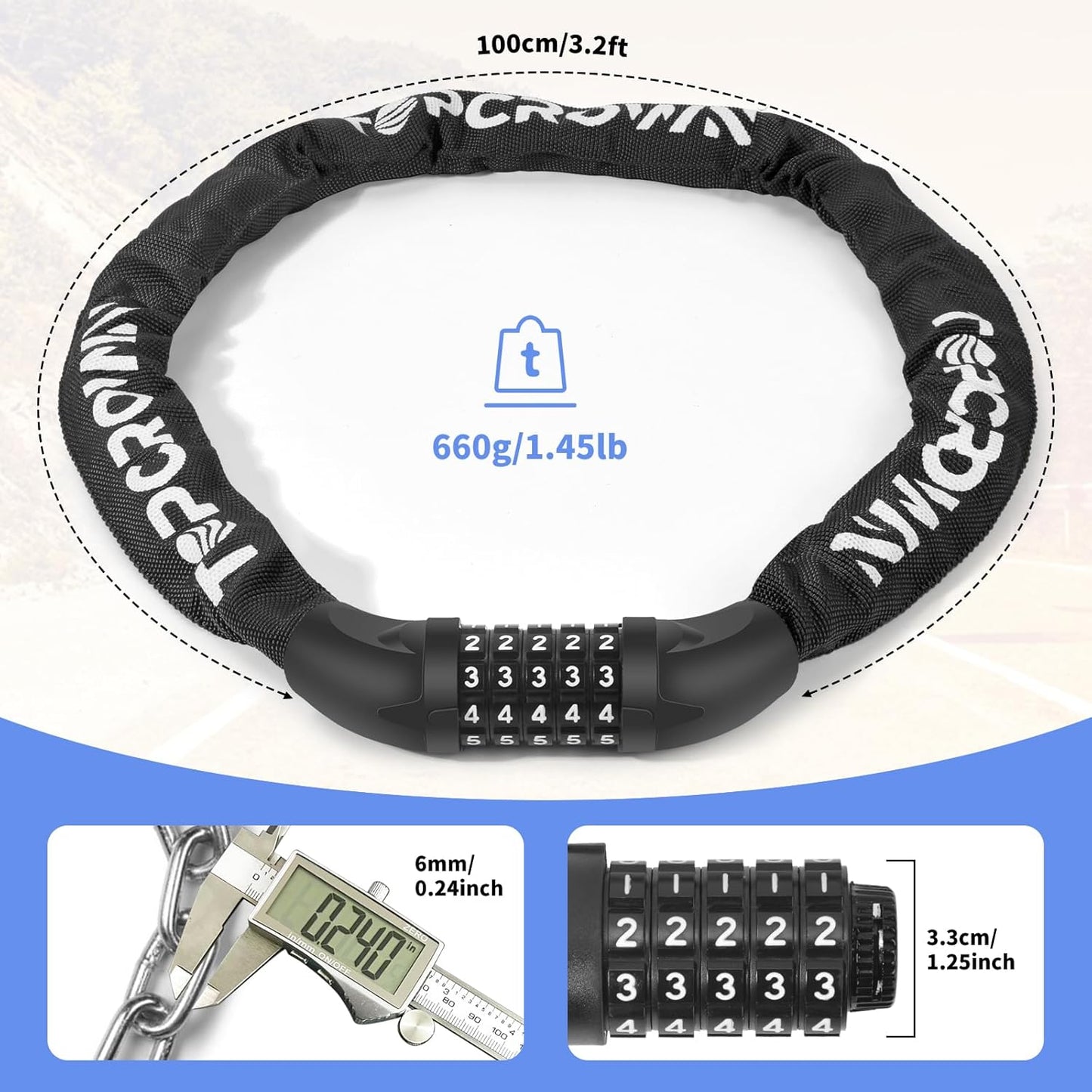 Topcrown Bike Chain Lock - 3.2Ft Heavy-Duty Anti-Theft Security | 5-Digit Keyless Combination Lock (Black)